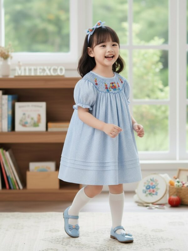Wholesale Premium Hand Smocked Bishop Dress Blue Striped Cotton Floral Embroidered Girls Summer Frocks