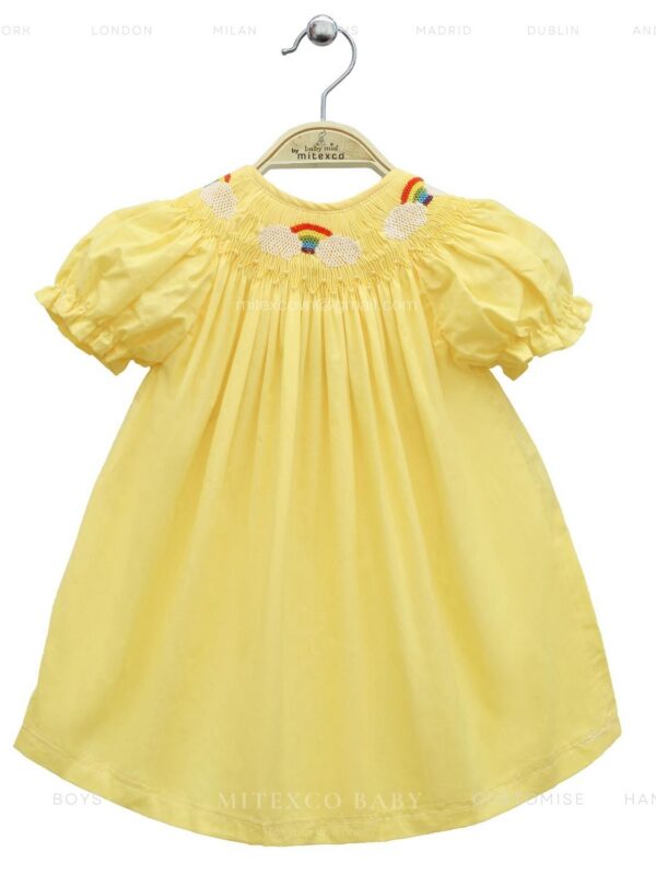 Handmade Yellow Cotton Smocked Baby Dress Rainbow Embroidery Bishop Style Puff Sleeve Summer Toddler Girl Frock Custom OEM