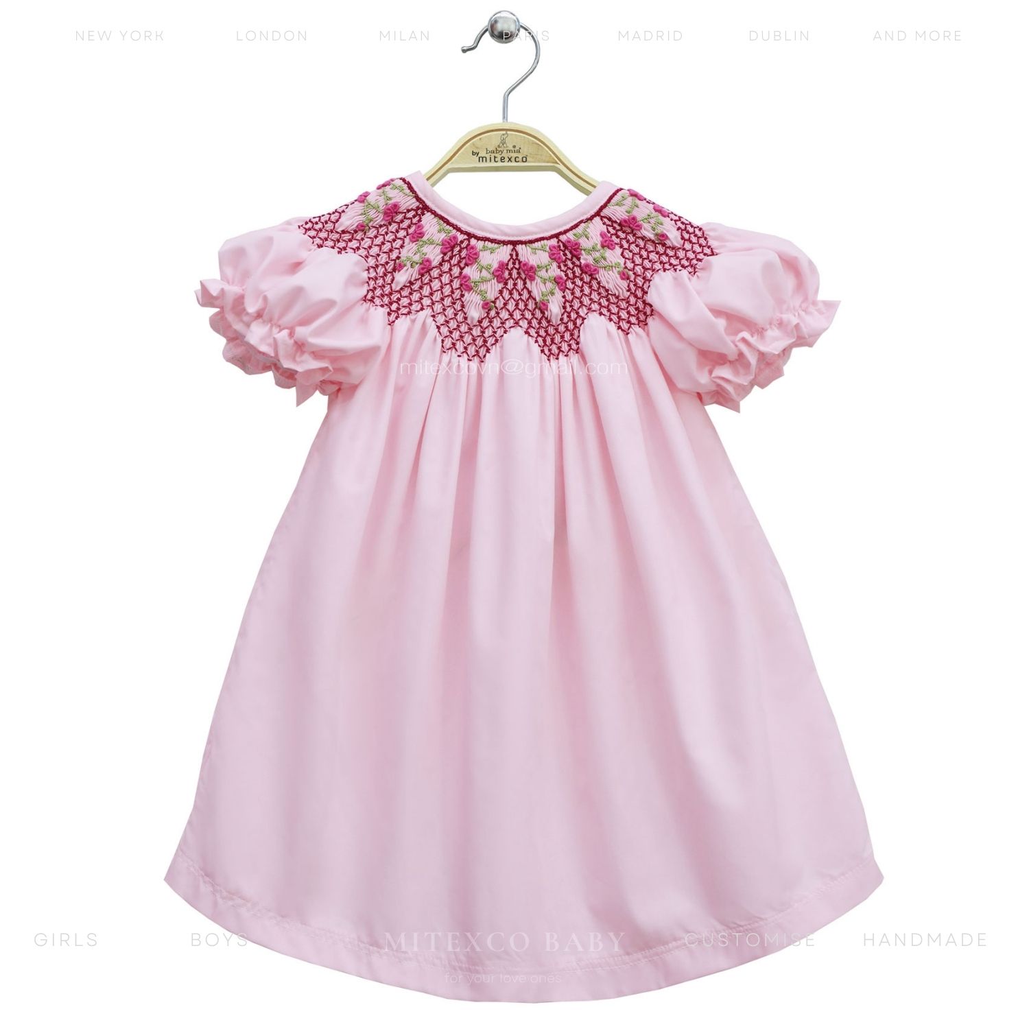 Wholesale Handmade Pink Cotton Bishop Smocked Dress for Baby Girls with Floral Embroidery and Puff Sleeves Boutique Clothing