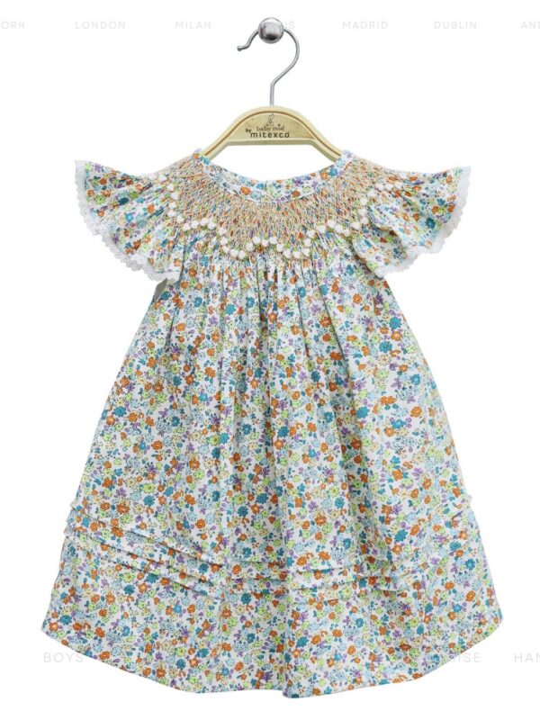 Wholesale Handmade Smocked Baby Girl Dress Vintage Floral Cotton Frock with Angel Sleeves for Summer Boutique Collections