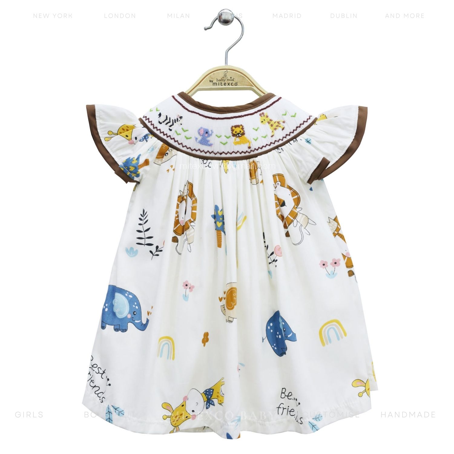 Wholesale Boutique Cotton Bishop Smocked Dress Baby Girl Safari Animal Embroidery Flutter Sleeve Kids Summer Clothing