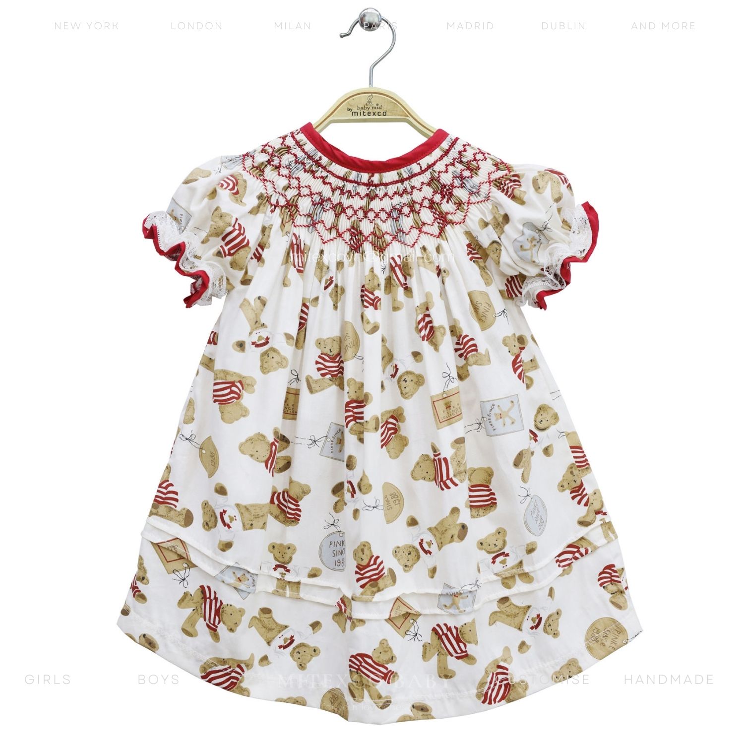Wholesale Boutique Cotton Hand Smocked Bishop Dress Vintage Teddy Bear Print Baby Girl Clothing with Lace Sleeve Detail