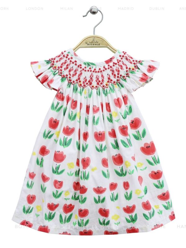 Wholesale Cotton Hand Smocked Baby Girl Bishop Dress Red Tulip Floral Print Kids Summer Boutique Frock
