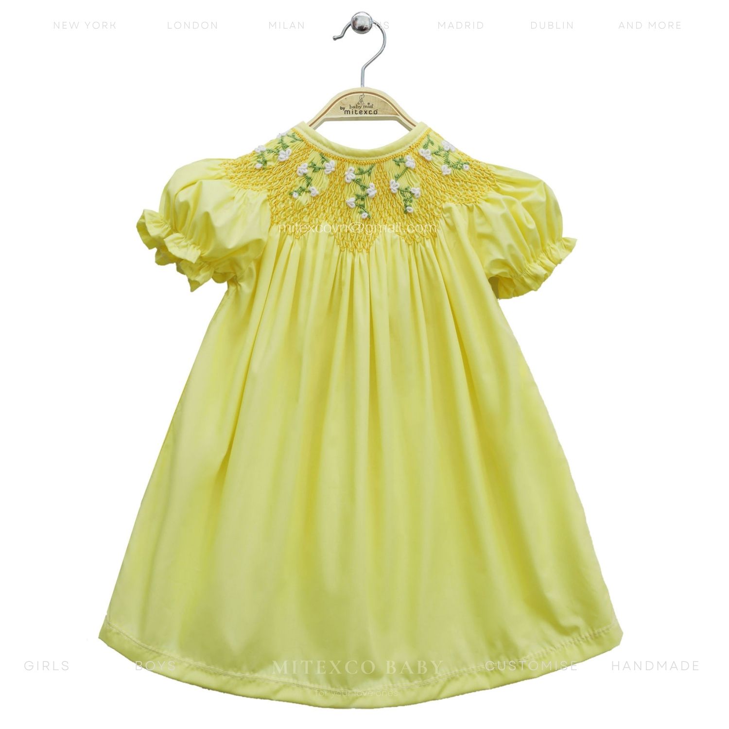 Premium Handmade Yellow Smocked Bishop Dress Cotton Floral Embroidery Baby Girl Summer Boutique Clothing Wholesale Manufacturer