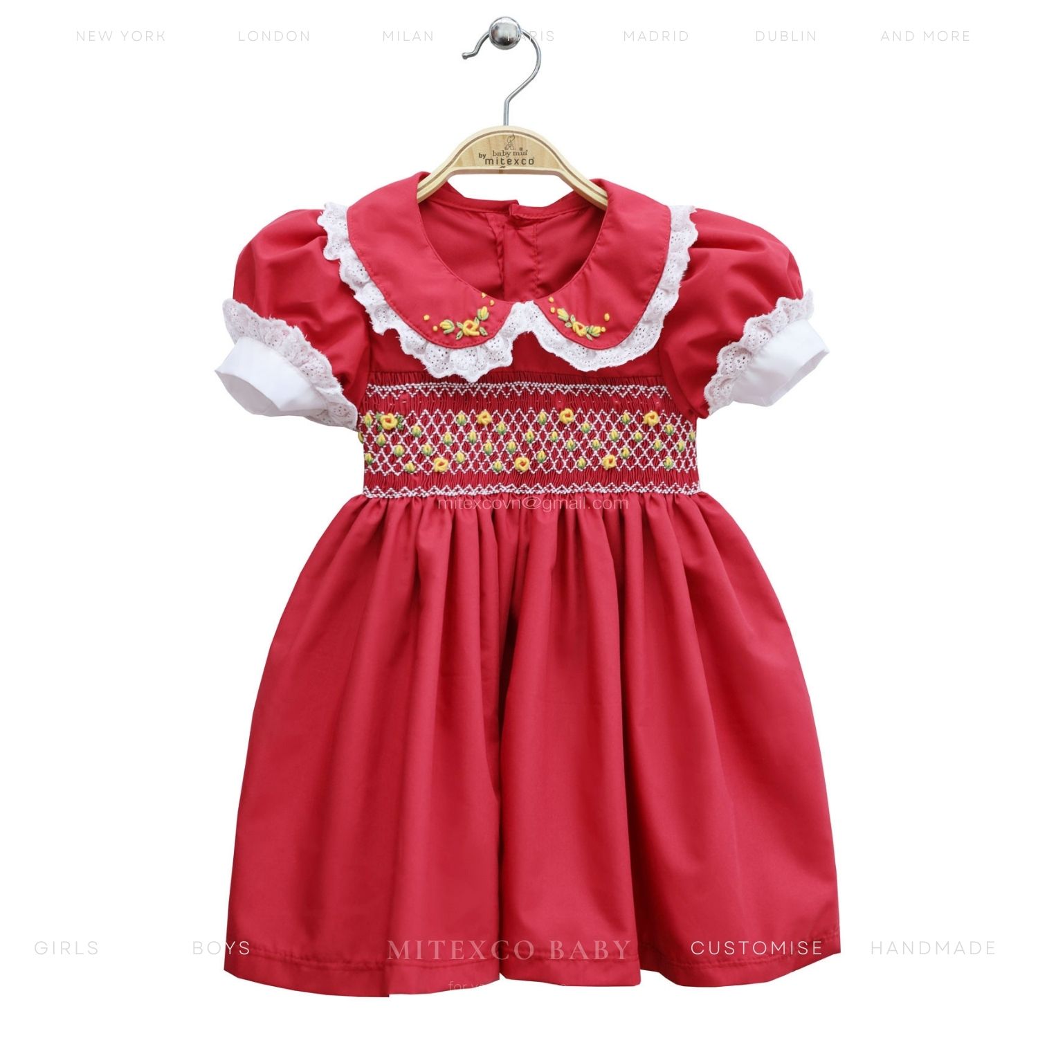 Wholesale Handmade Cotton Smocked Baby Girl Dress Red Floral Embroidery Vintage Puff Sleeve Toddler Party Frock Custom Brand