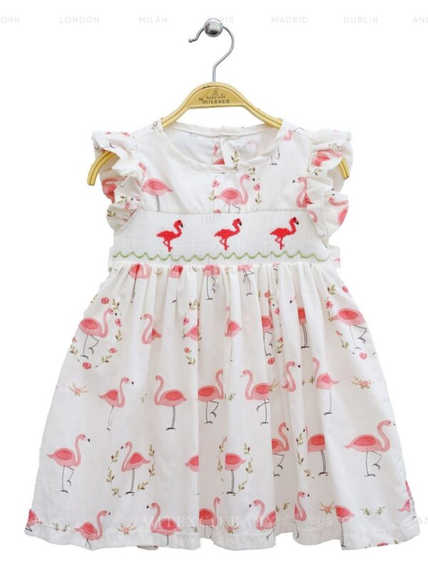 Wholesale Handmade Smocked Cotton Baby Girls Dress Pink Flamingo Print Summer Boutique Clothing Kids Frock