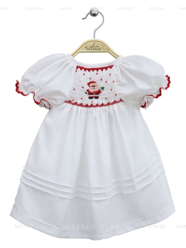 Wholesale Handmade Smocked Baby Girls Dress White Cotton Santa Claus Christmas Frock with Puff Sleeves Boutique Kids Clothing