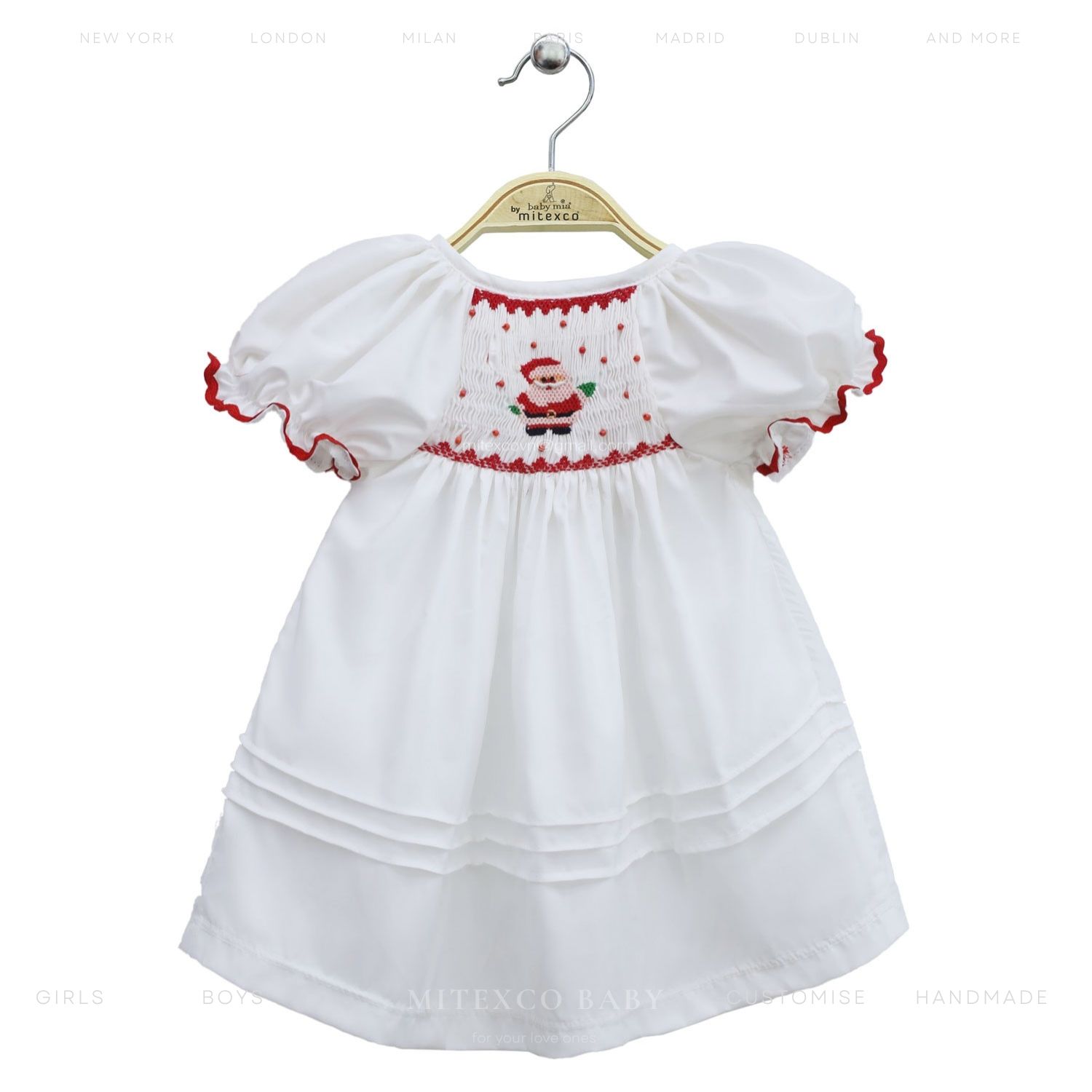 Wholesale Handmade Smocked Baby Girls Dress White Cotton Santa Claus Christmas Frock with Puff Sleeves Boutique Kids Clothing