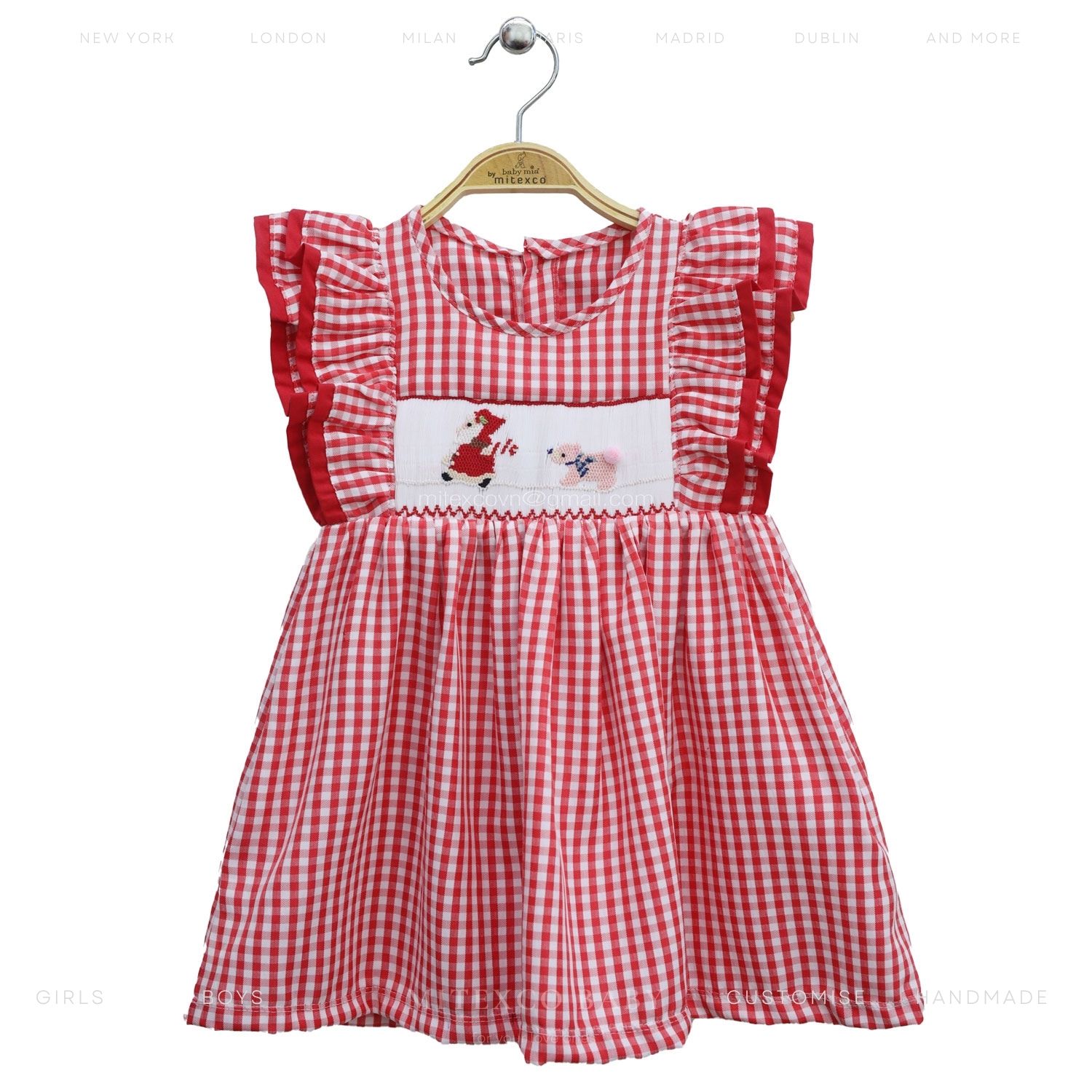 Handmade Red Gingham Smocked Baby Girl Dress, Cotton Toddler Summer Clothing with Ruffle Sleeves & Embroidery Custom Wholesale
