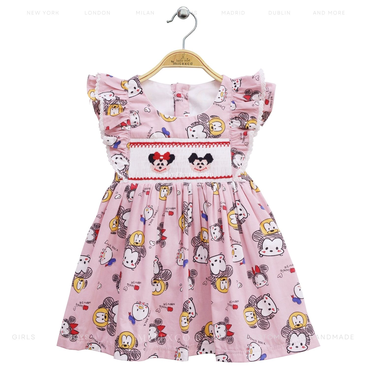 Wholesale Summer Pink Cotton Smocked Dress for Girls Cartoon Character Print Flutter Sleeve Boutique Frock