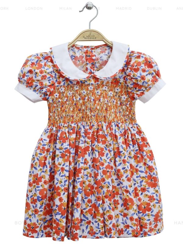 Wholesale Boutique Girls Floral Smocked Dress Vintage Cotton Summer Frock with Peter Pan Collar and Puff Sleeves for Kids