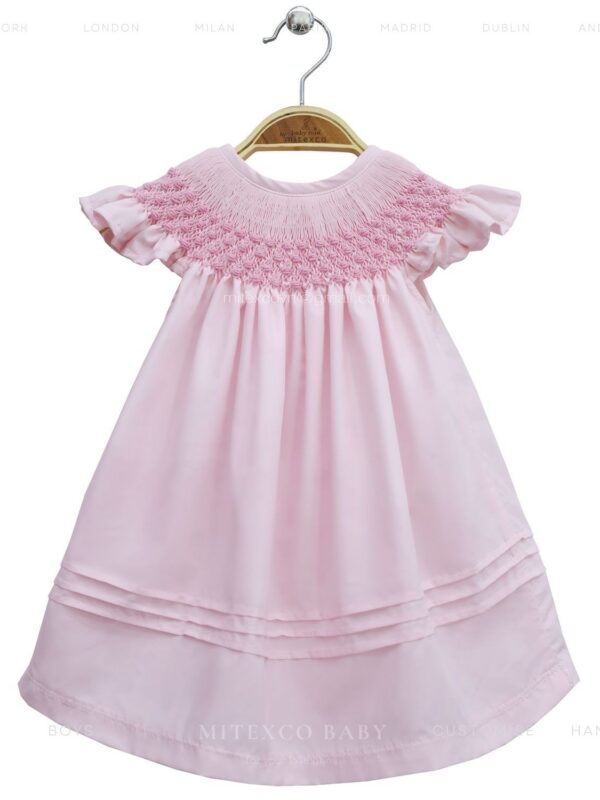 Wholesale Handmade Pink Smocked Baby Girl Bishop Dress 100% Cotton Vintage Style Flutter Sleeve Children Summer Clothing