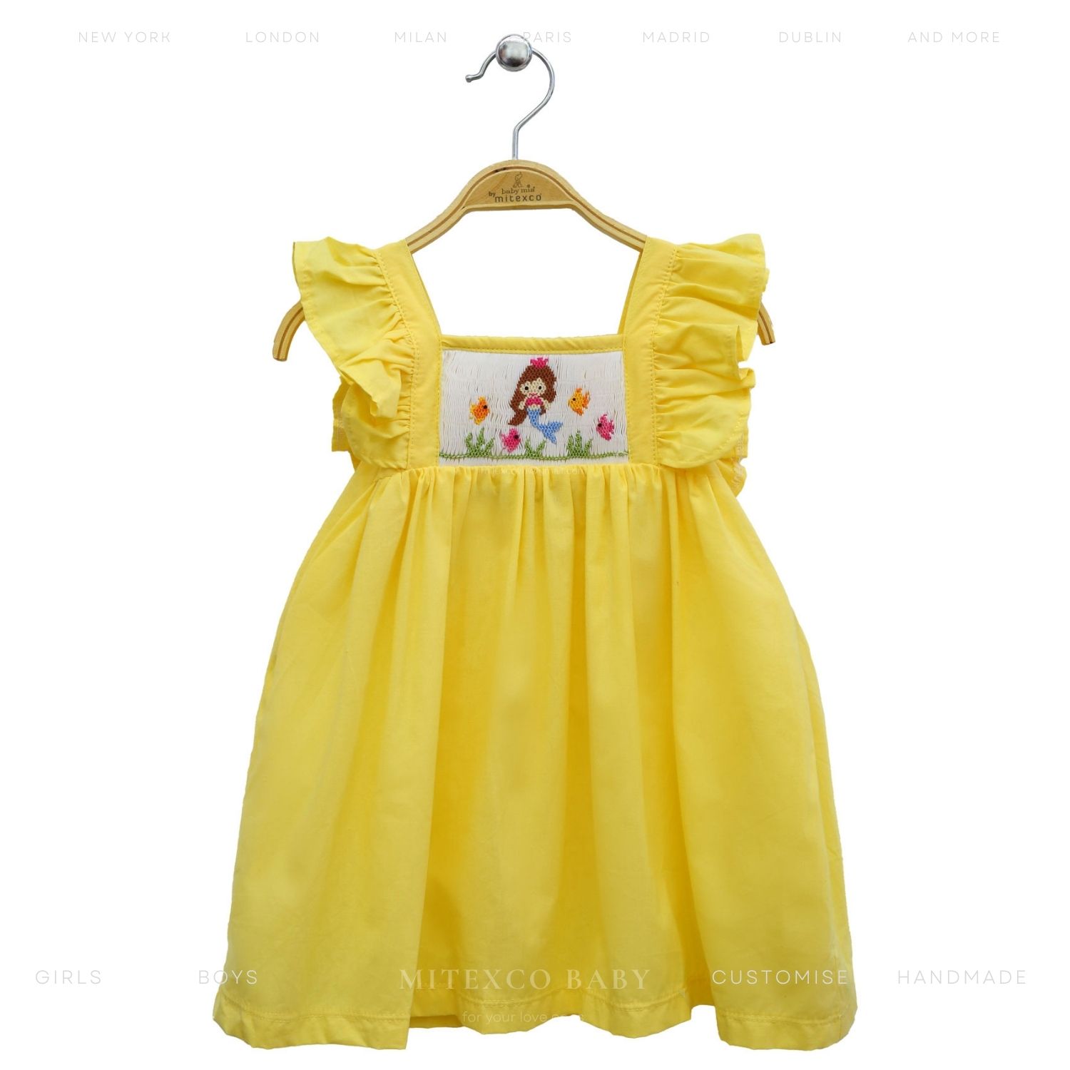 Wholesale Handmade Smocked Baby Girl Dress Summer Yellow Cotton Frock with Mermaid Embroidery Boutique Sleeveless Kids Wear