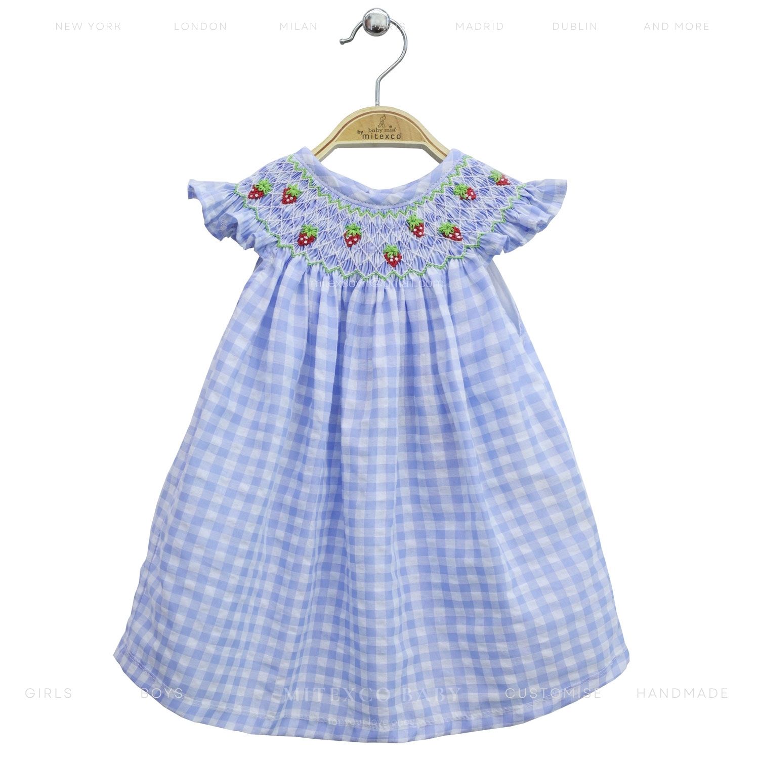Wholesale Handmade Blue Gingham Cotton Smocked Baby Girl Dress Strawberry Embroidery Summer Boutique Frocks for Kids