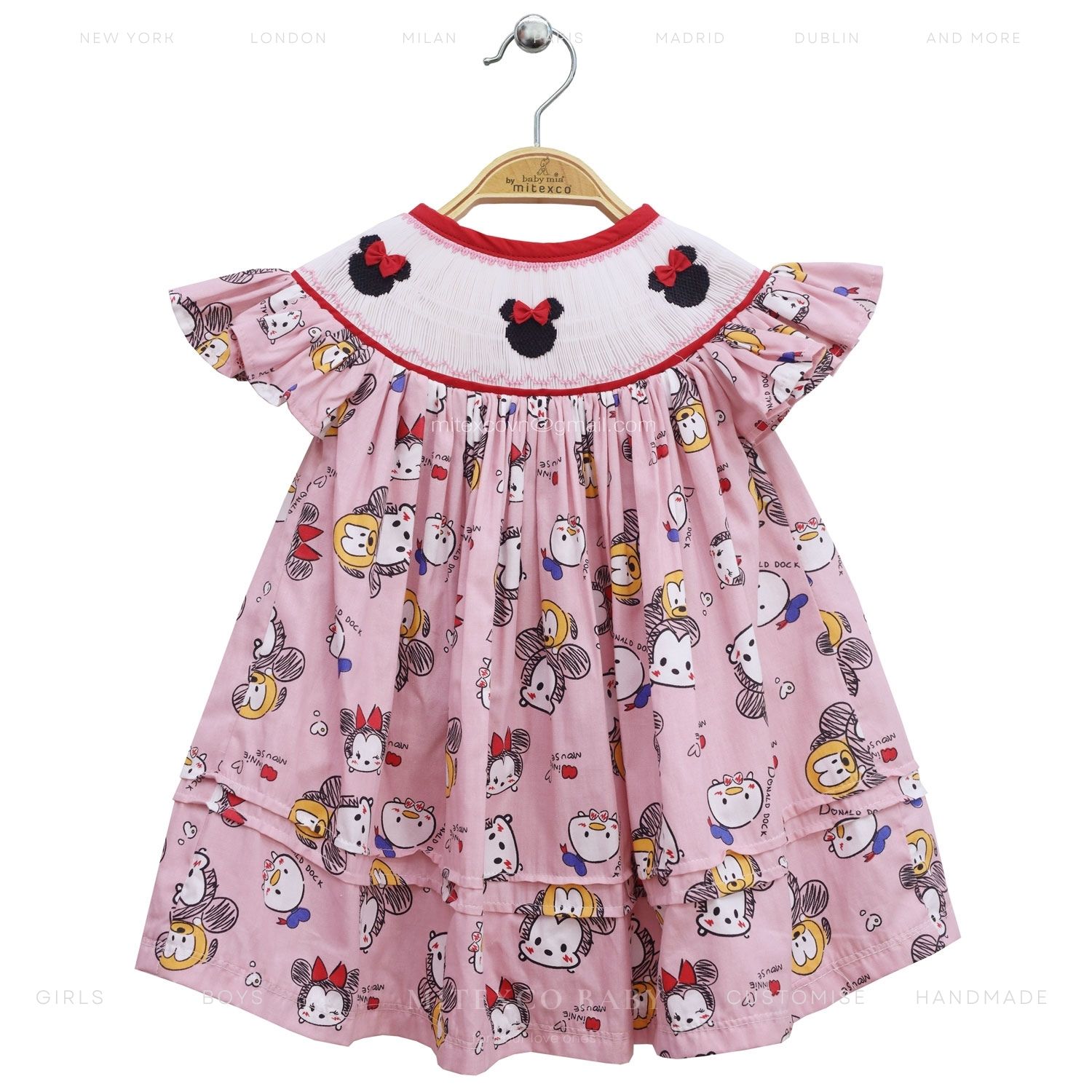 Handmade Pink Smocked Bishop Dress for Girls Cartoon Print Ruffle Sleeve Boutique Summer Cotton Toddler Clothing