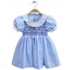 Wholesale Handmade Smocked Baby Girl Dress Light Blue Cotton Floral Embroidery Bishop Frock Traditional Boutique Kids Clothing