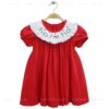 Wholesale Handmade Cotton Smocked Baby Girl Christmas Dress Red Holiday Embroidery Ho Ho Ho Toddler Boutique Clothing