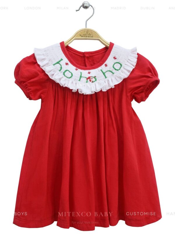 Wholesale Handmade Cotton Smocked Baby Girl Christmas Dress Red Holiday Embroidery Ho Ho Ho Toddler Boutique Clothing