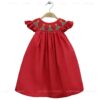 Wholesale Handmade Red Cotton Smocked Baby Girl Dress Christmas Tree Embroidery Flutter Sleeve Holiday Kids Frock