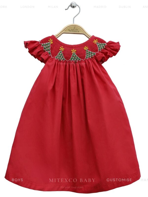 Wholesale Handmade Red Cotton Smocked Baby Girl Dress Christmas Tree Embroidery Flutter Sleeve Holiday Kids Frock