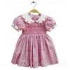 Handmade Vintage Style Cotton Smocked Baby Girl Dress Pink Floral Print Bishop Frock with Peter Pan Collar & Puff Sleeves
