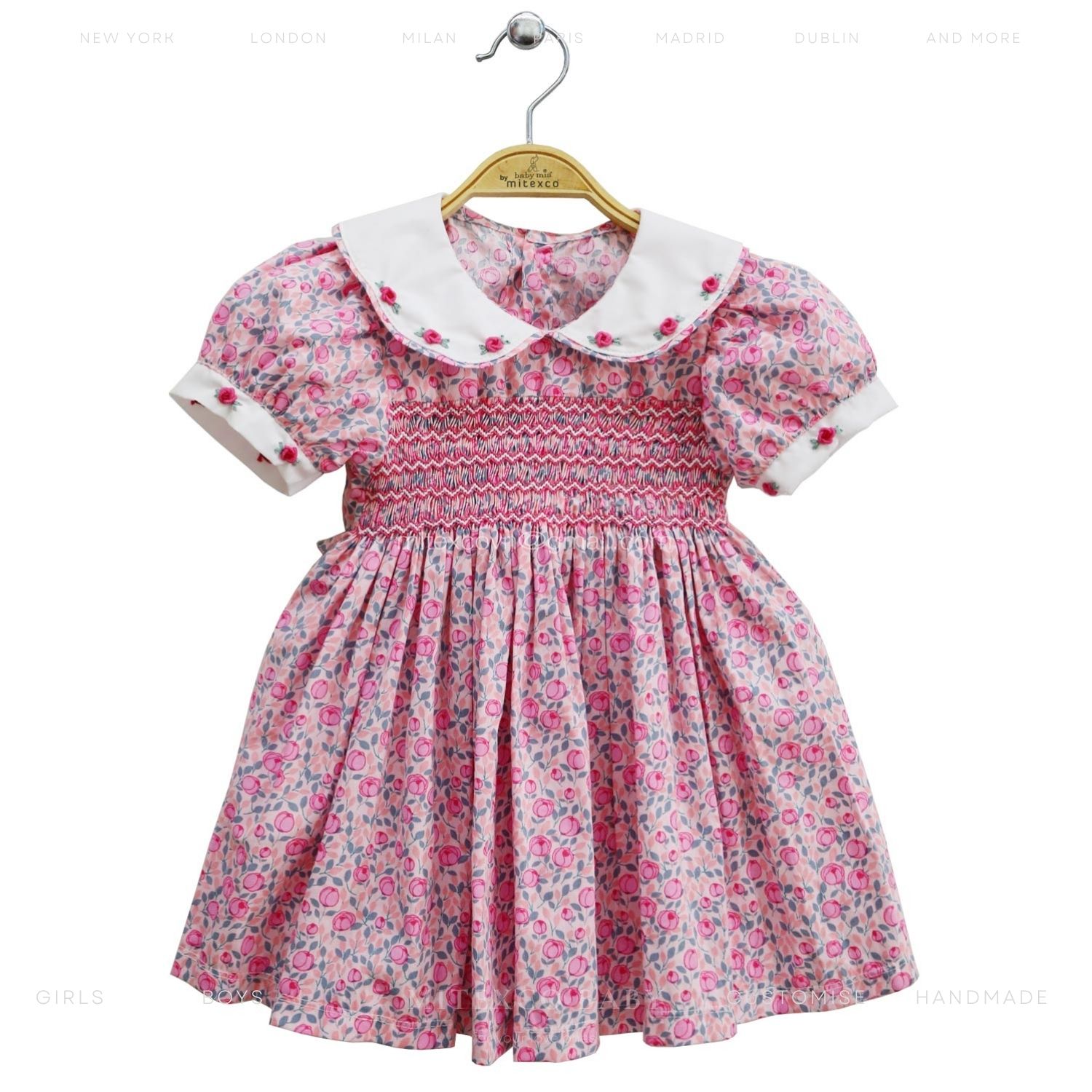 Handmade Vintage Style Cotton Smocked Baby Girl Dress Pink Floral Print Bishop Frock with Peter Pan Collar & Puff Sleeves