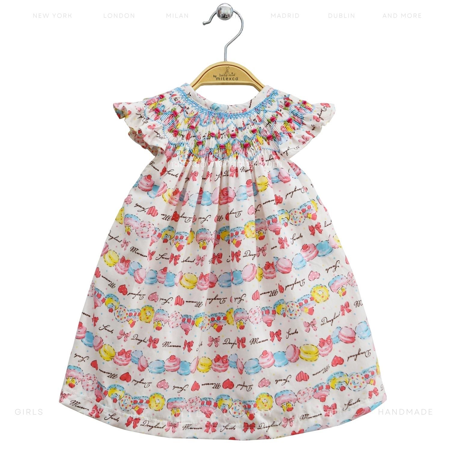 Wholesale Boutique Cotton Smocked Dress for Girls Macaron Dessert Print Summer Baby Frock Handmade Bishop Style Kids Clothing