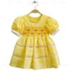 Wholesale Custom Handmade Yellow Cotton Smocked Baby Girl Dress with Hand Embroidery and Lace Detail Summer Vintage Frock