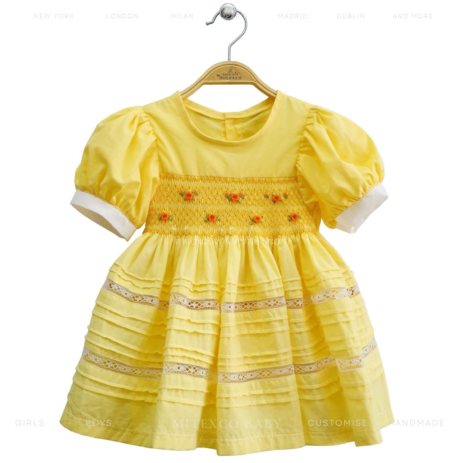 Wholesale Custom Handmade Yellow Cotton Smocked Baby Girl Dress with Hand Embroidery and Lace Detail Summer Vintage Frock