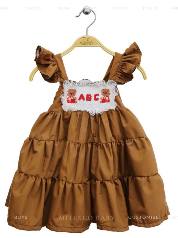Wholesale Boutique Cotton Smocked Dress Baby Girl Brown Tiered Ruffles Hand Embroidered ABC Teddy Bear Summer Frock