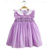 Wholesale Boutique Purple Cotton Smocked Baby Girl Dress with Peter Pan Collar and Hand Embroidery Summer Flutter Sleeve Frock