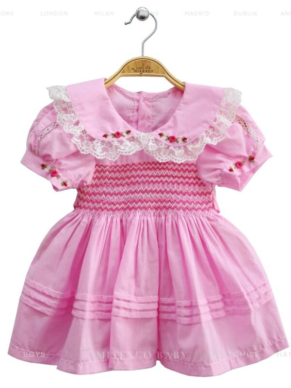 Wholesale Handmade Pink Smocked Baby Girl Dress Cotton Floral Embroidery Peter Pan Collar Vintage Boutique Toddler Clothing