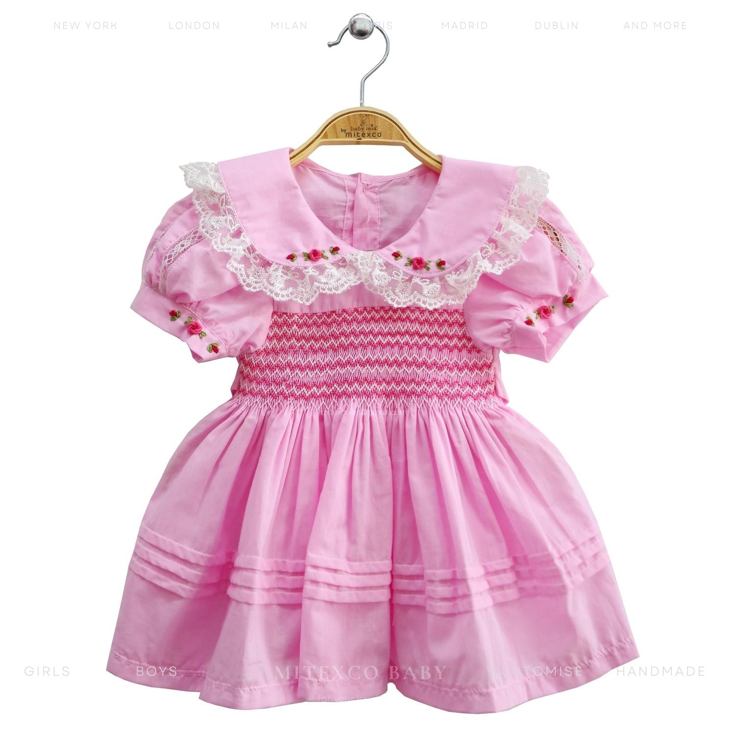 Wholesale Handmade Pink Smocked Baby Girl Dress Cotton Floral Embroidery Peter Pan Collar Vintage Boutique Toddler Clothing