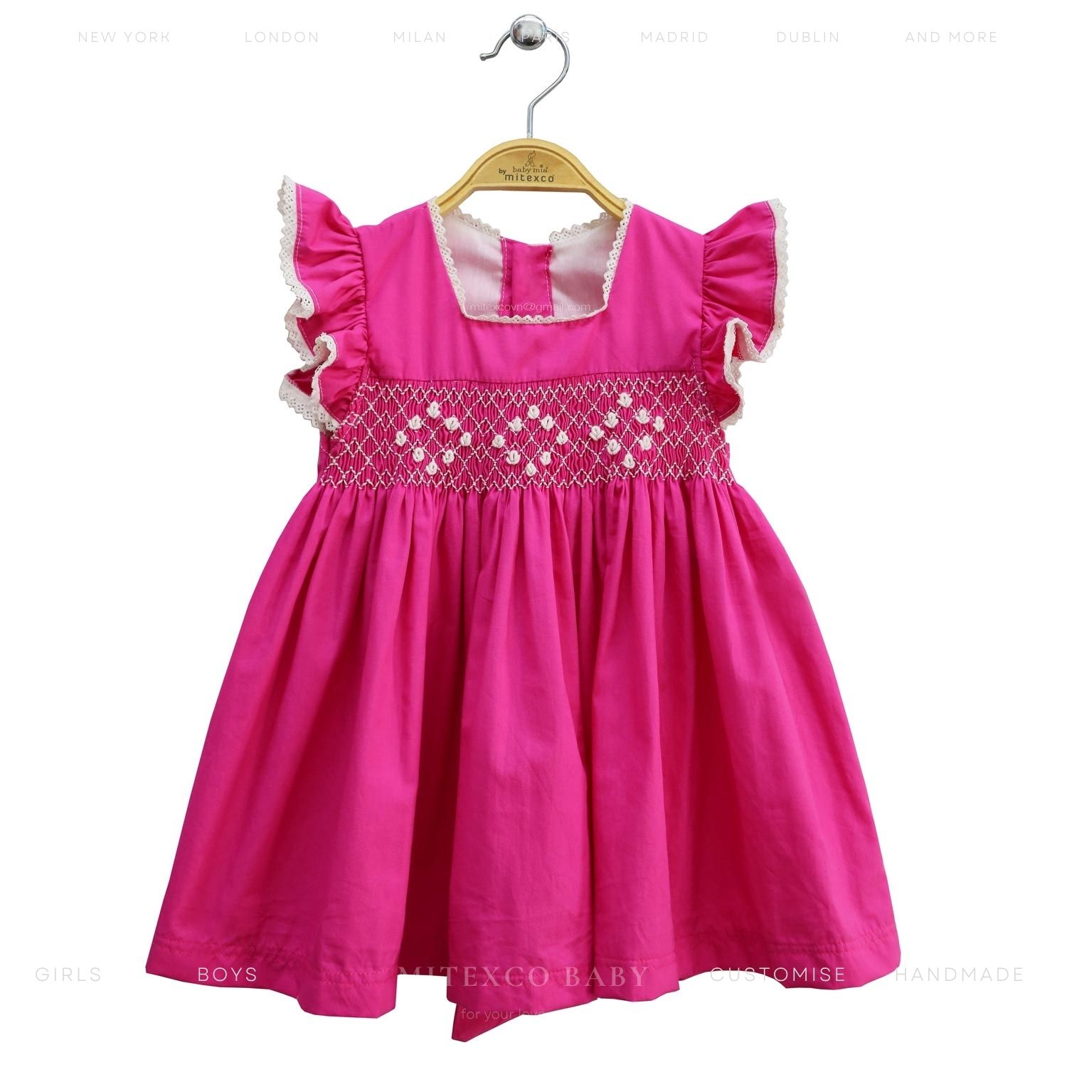 Wholesale Handmade Cotton Smocked Baby Girl Dress Fuchsia Pink Flutter Sleeve Summer Toddler Frock Boutique Children Clothing