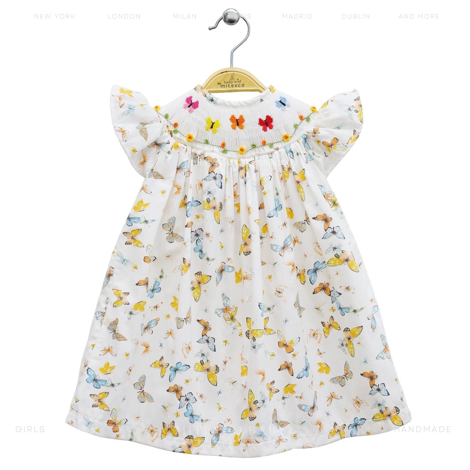 Wholesale Handmade Smocked Baby Girl Dress Cotton Butterfly Print Summer Flutter Sleeve Toddler Frock for Boutique
