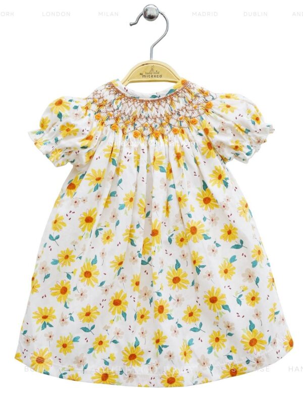 Handmade Floral Smocked Bishop Dress for Baby Girls 100% Cotton Yellow Sunflower Print Summer Boutique Kids Clothing Wholesale