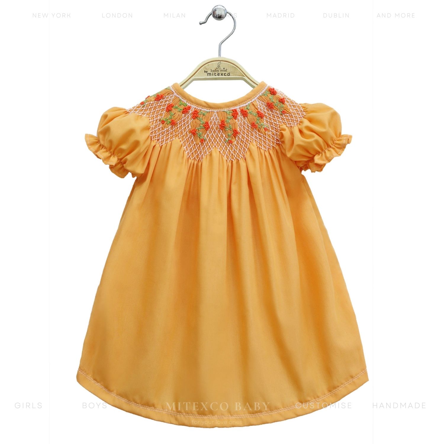 Wholesale Handmade Smocked Baby Girl Dress Cotton Mustard Floral Embroidery Puff Sleeve Vintage Toddler Summer Frock
