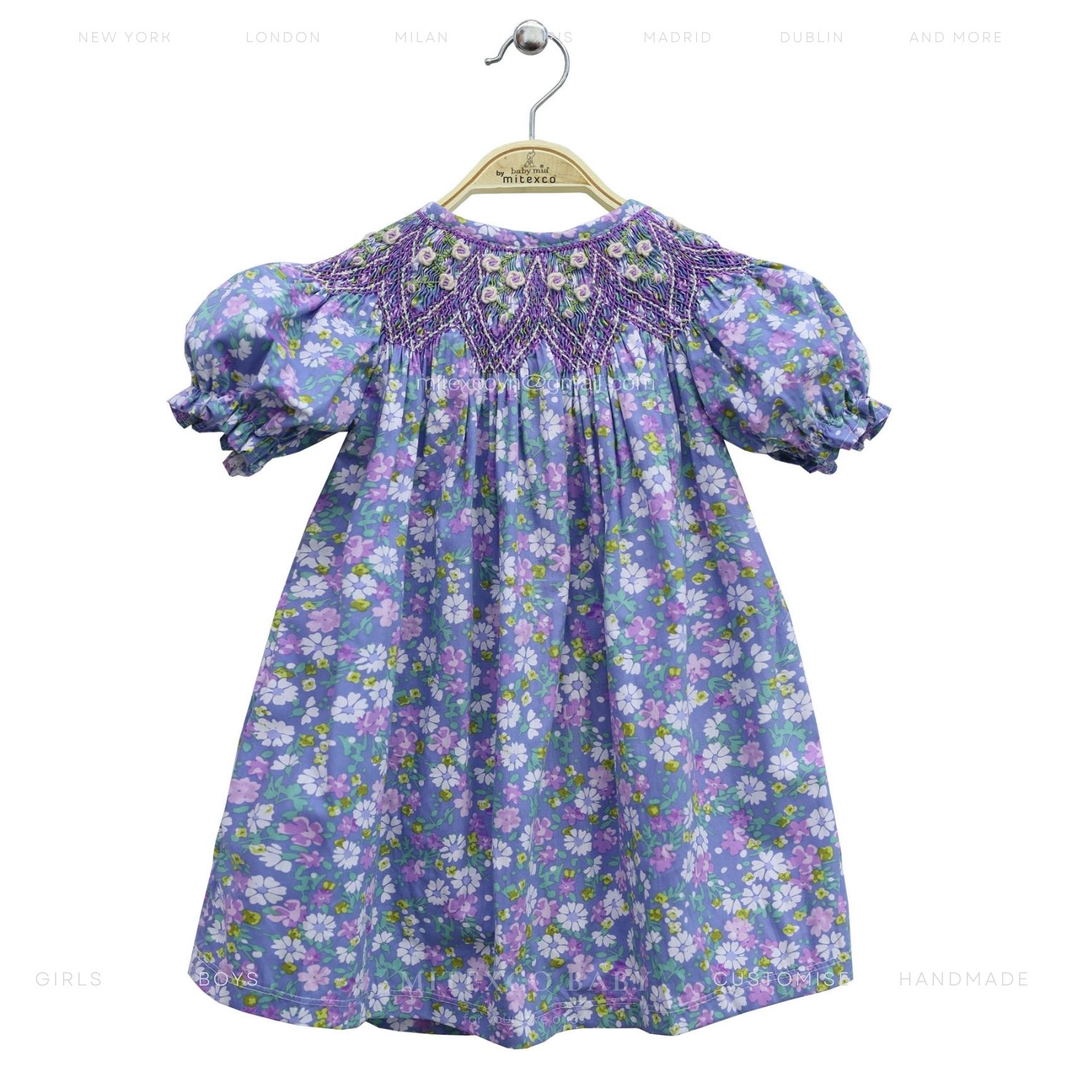 Wholesale Handmade Smocked Baby Girl Bishop Dress Purple Floral Cotton Toddler Summer Frock with Hand Embroidery