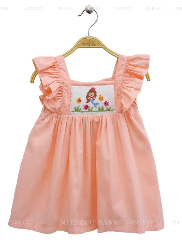 Wholesale Boutique Cotton Smocked Baby Girl Dress Peach Ruffle Sleeve Toddler Summer Frock with Mermaid Embroidery