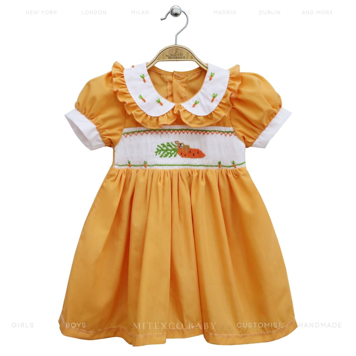 Wholesale Boutique Cotton Smocked Baby Girl Dress Orange Carrot Hand Embroidery Easter Frock Toddler Summer Clothing