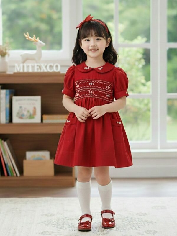 Premium Red Cotton Smocked Dress Girls Christmas Party Frock Vintage Hand Embroidered Kids Clothing with Headband