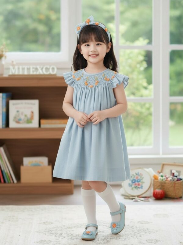 Wholesale Summer Kids Boutique Clothing Blue Smocked Bishop Dress Cotton Floral Embroidery Baby Girl Frock with Flutter Sleeves