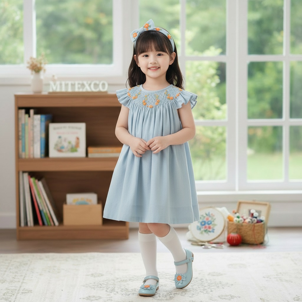 Wholesale Summer Kids Boutique Clothing Blue Smocked Bishop Dress Cotton Floral Embroidery Baby Girl Frock with Flutter Sleeves