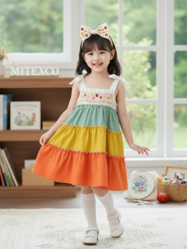 Summer Sweet Smocked Sleeveless Girls Dress Cotton Color Block Tiered Toddler Frock Kids Casual Beach Wear Boutique Clothing