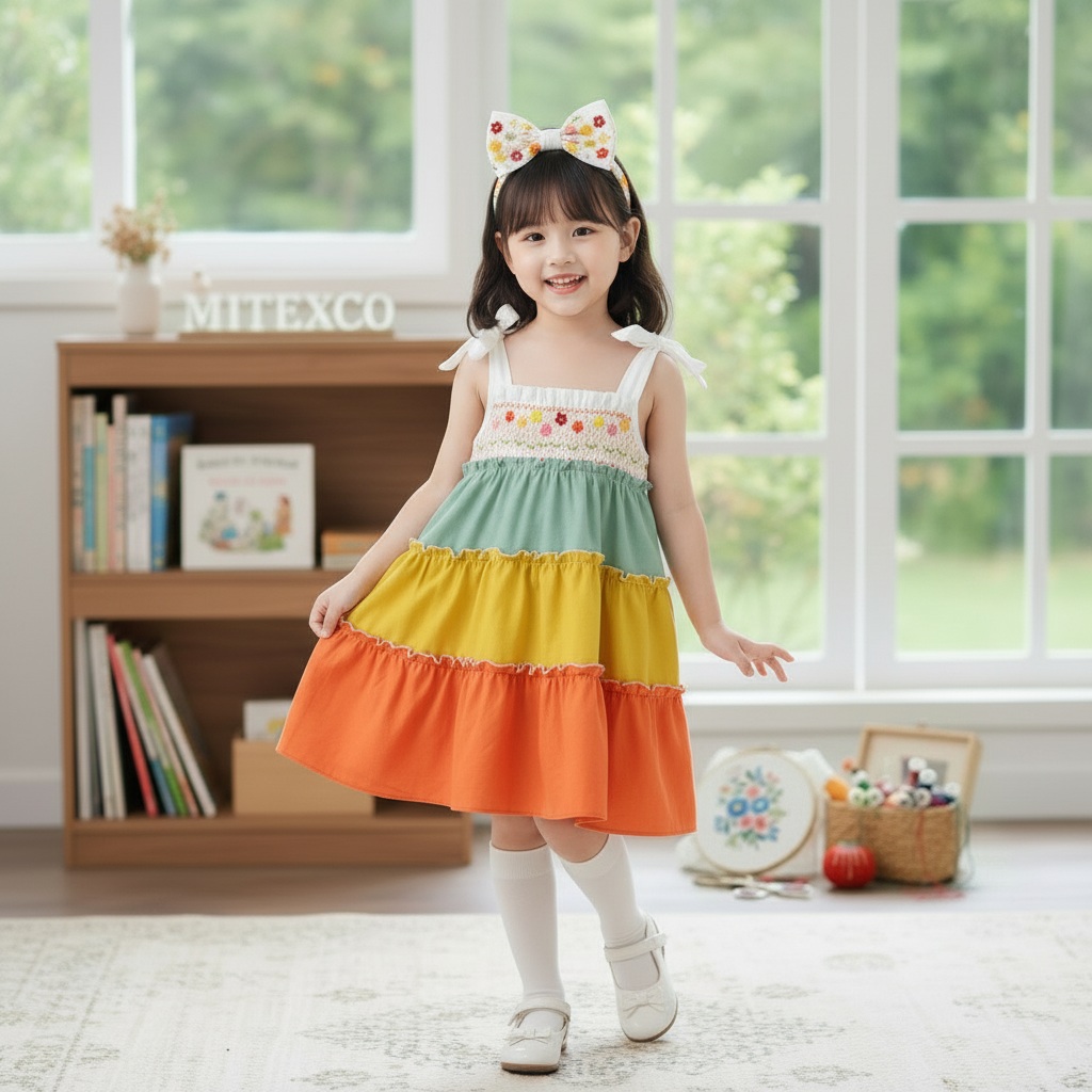 Summer Sweet Smocked Sleeveless Girls Dress Cotton Color Block Tiered Toddler Frock Kids Casual Beach Wear Boutique Clothing