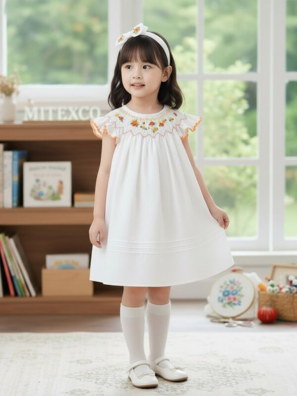 Wholesale Boutique Baby Girl White Cotton Smocked Bishop Dress Hand Embroidered Floral Summer Party Frock for Toddlers