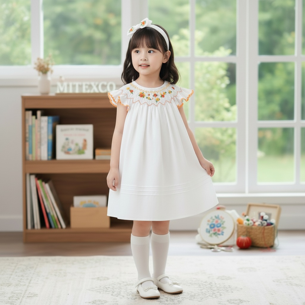 Wholesale Boutique Baby Girl White Cotton Smocked Bishop Dress Hand Embroidered Floral Summer Party Frock for Toddlers