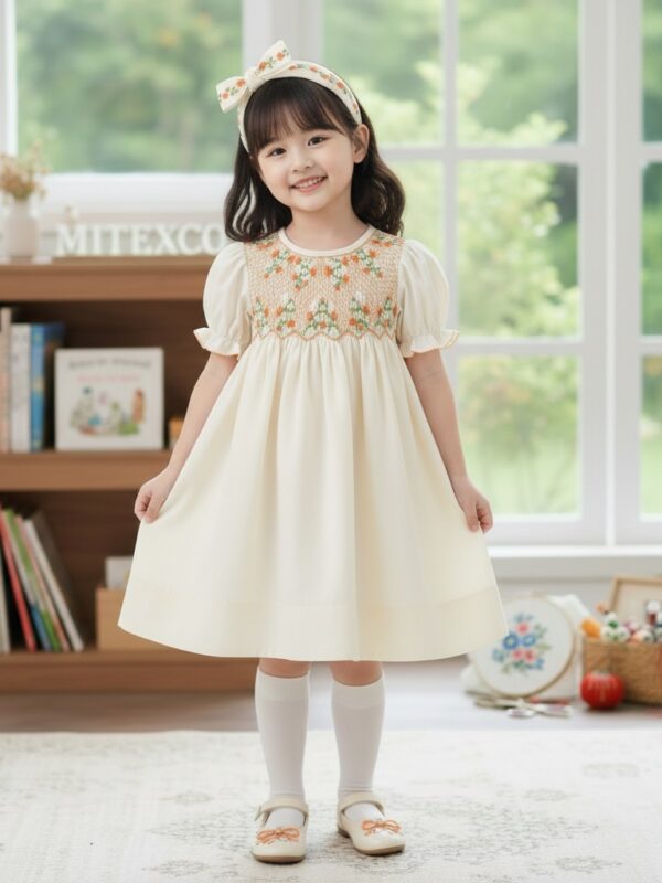 Premium Vintage Hand Smocked Girls Dress Cotton Floral Embroidery Summer Boutique Frock Toddler Princess Party Wear Wholesale