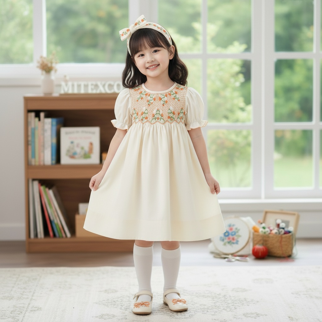 Premium Vintage Hand Smocked Girls Dress Cotton Floral Embroidery Summer Boutique Frock Toddler Princess Party Wear Wholesale