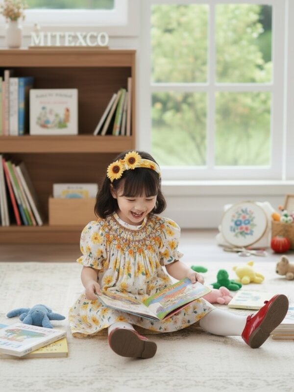 Summer Cotton Floral Smocked Dress For Girls Short Sleeve Sunflower Print Toddler Bishop Frock Kids Boutique Clothing
